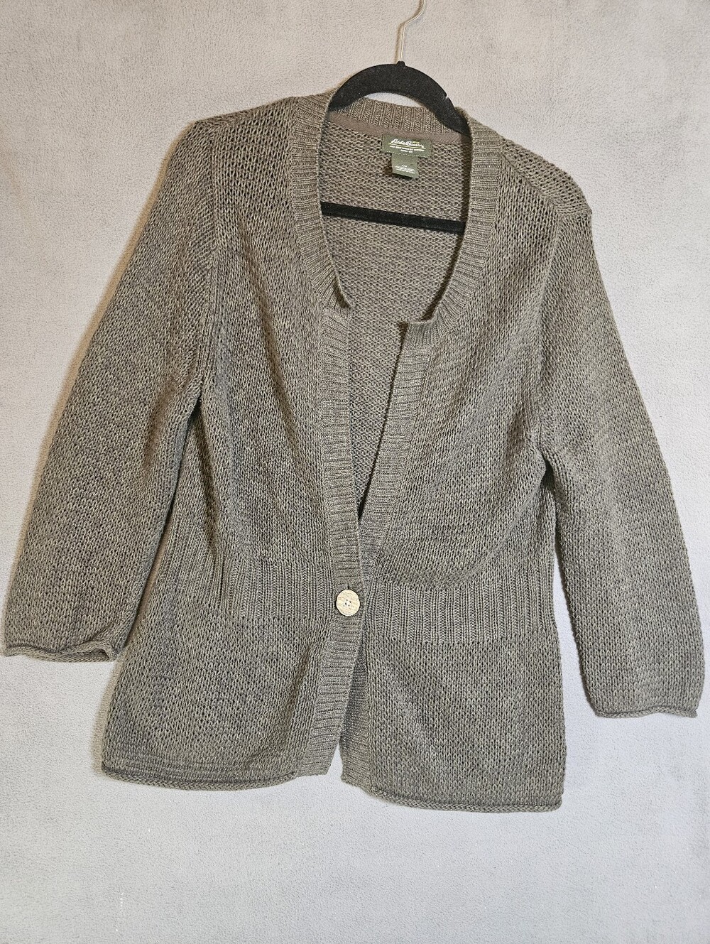 Eddie Bauer Women Large Cardigan Sweater Cotton Open Knit Grunge Vneck Lagenlook